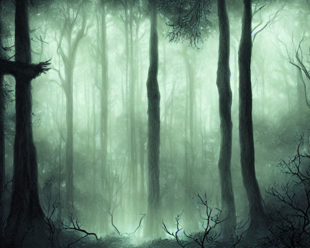 Mysterious mist-clad forest with tall dark trees and luminous glow