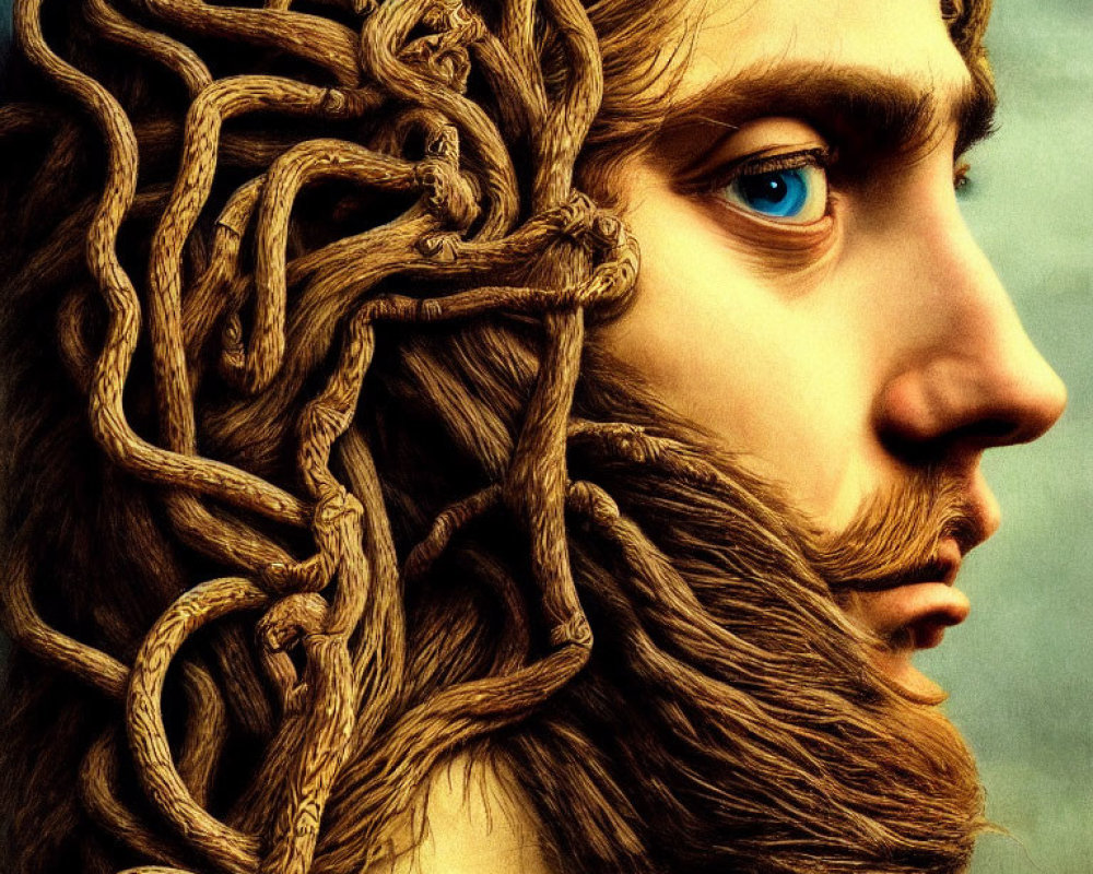 Detailed Digital Art: Man with Blue Eyes & Intertwining Beard Strands