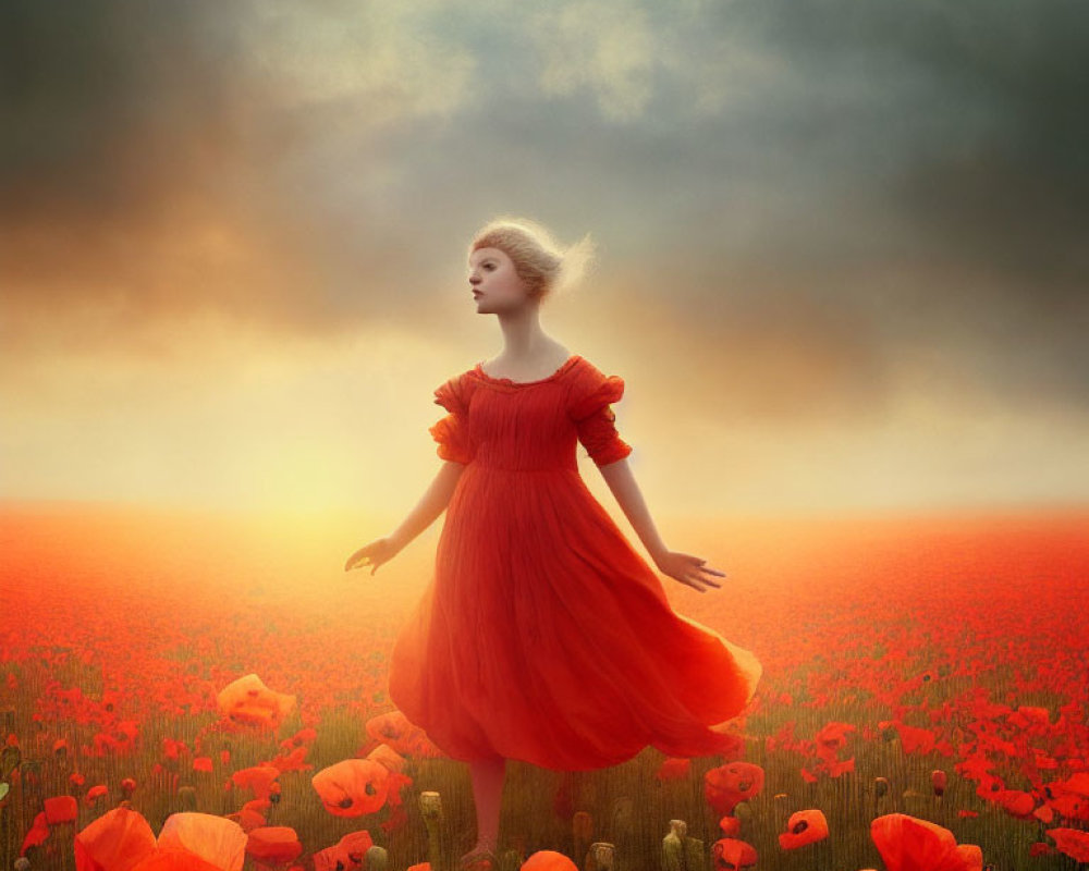 Woman in red dress levitates above poppy field at dusk