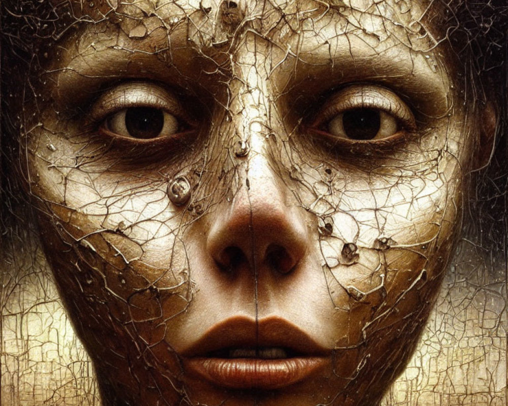 Close-Up of Face with Cracked Golden Textured Skin and Penetrating Eyes