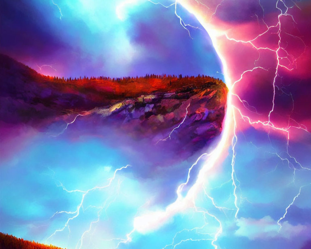 Digital Artwork: Dramatic Landscape with Bright Lightning Strikes
