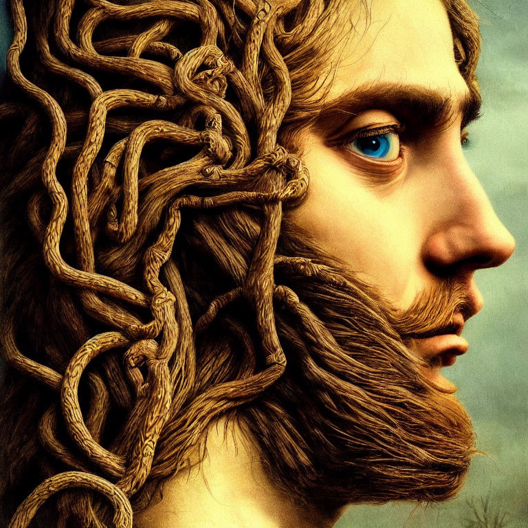 Detailed Digital Art: Man with Blue Eyes & Intertwining Beard Strands