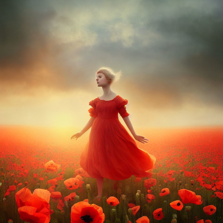 Woman in red dress levitates above poppy field at dusk