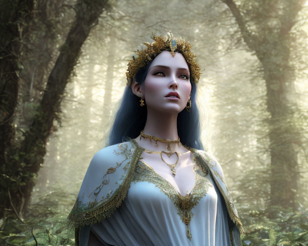 Blue-haired woman with gold crown in misty forest wearing ornate gown