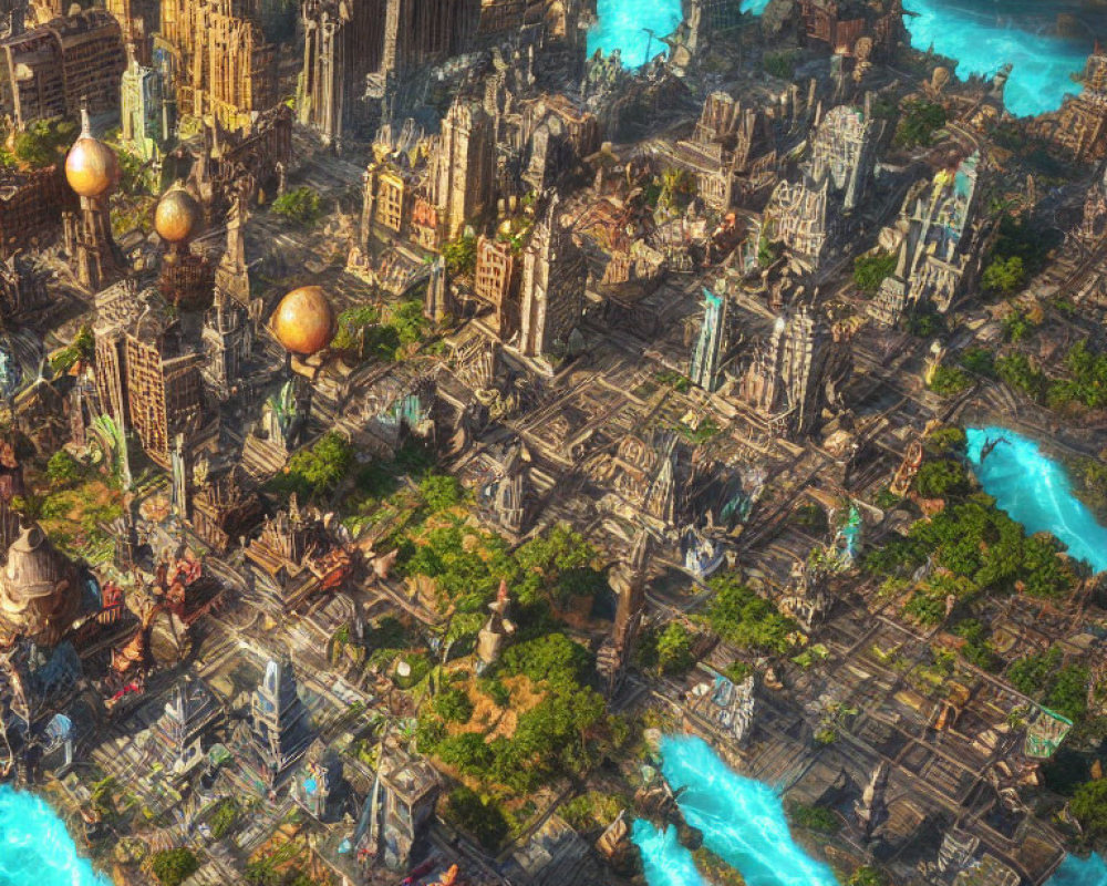 Fantastical cityscape with towering spires and floating orbs