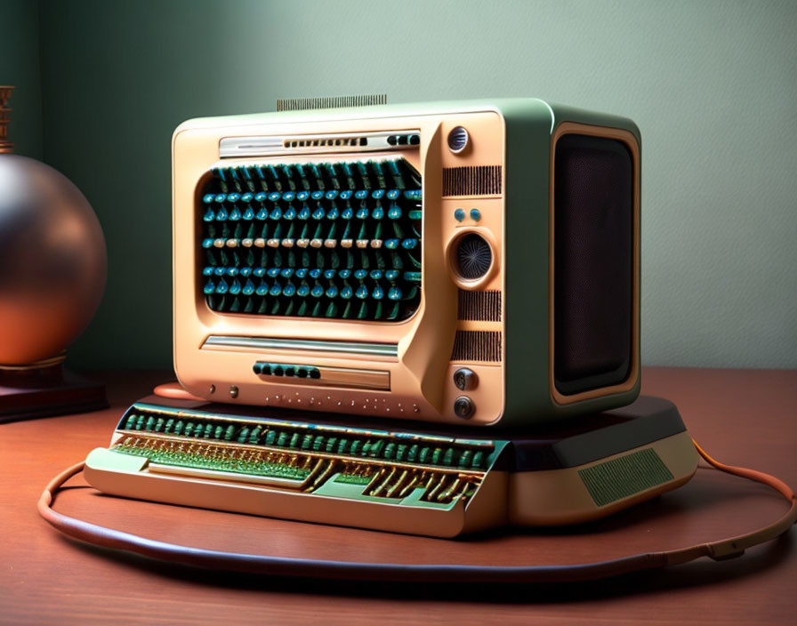 Vintage Design Computer with Typewriter Keyboard & Round Screen