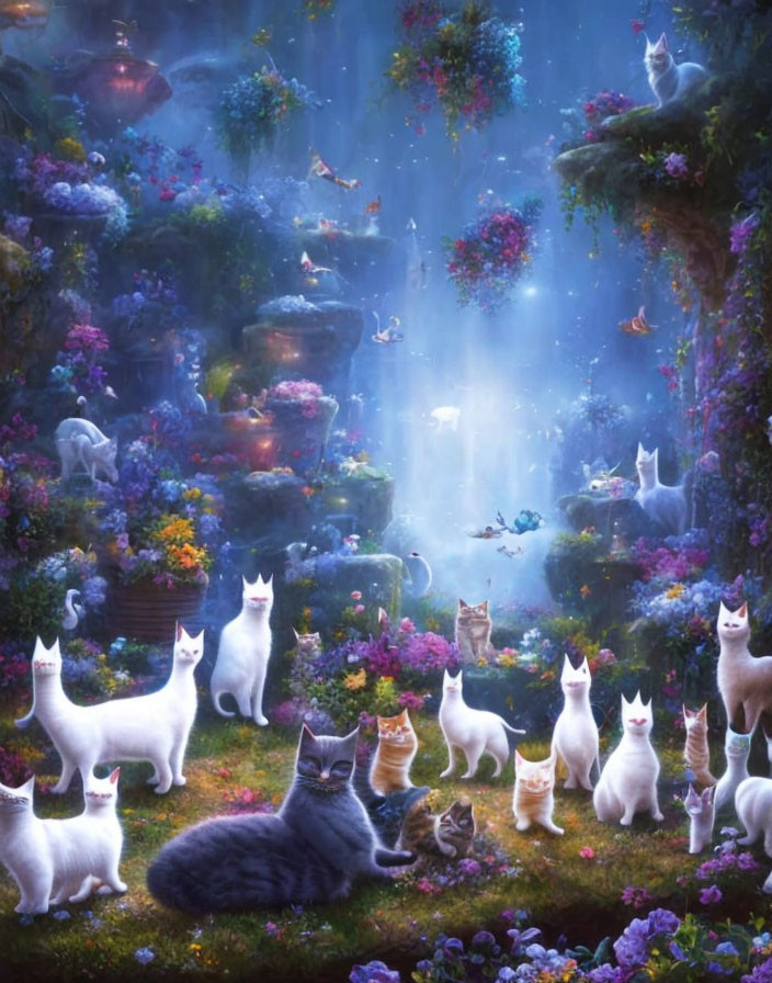 Mystical garden with white cats, vibrant flowers, soft light, floating islands, and waterfalls