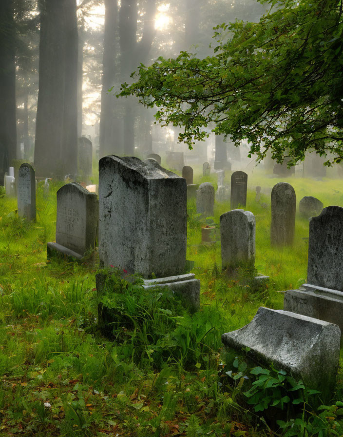 Foggy cemetery scene with weathered tombstones and tall trees