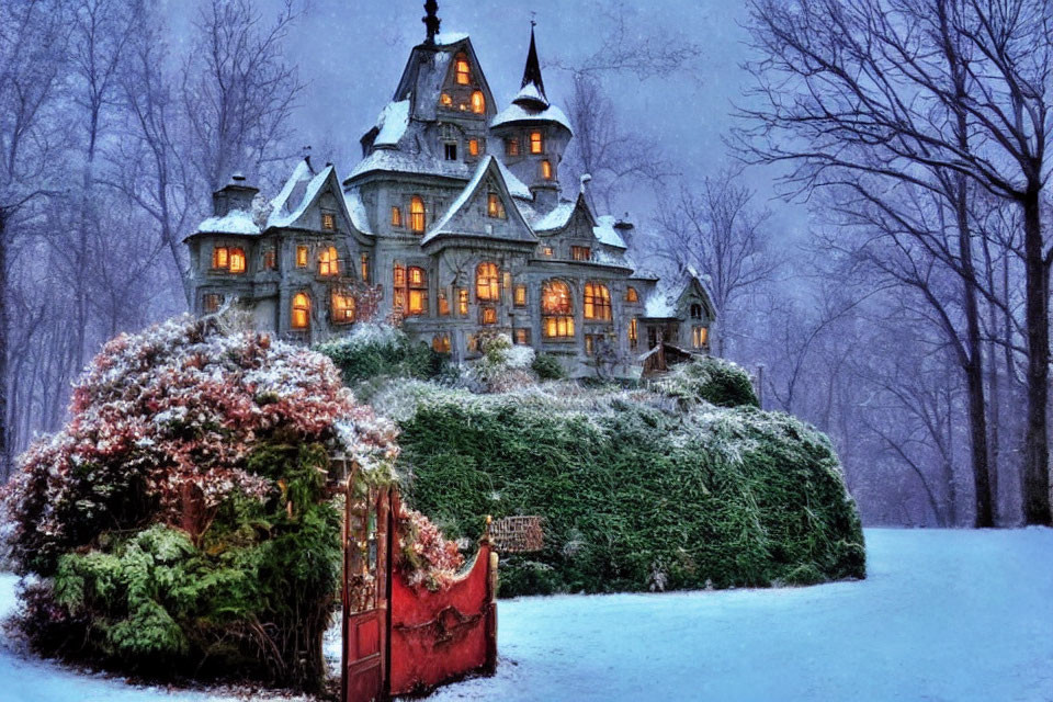 Victorian mansion in snowy twilight with red gate