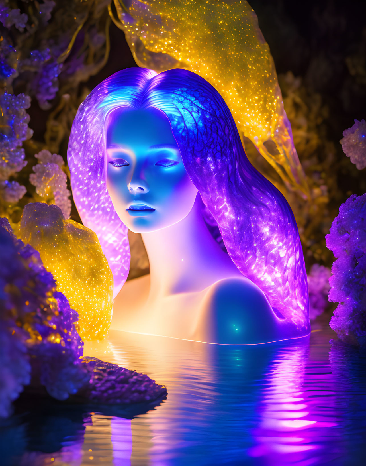 Surreal image: Female figure with glowing purple hair in vibrant, illuminated flora
