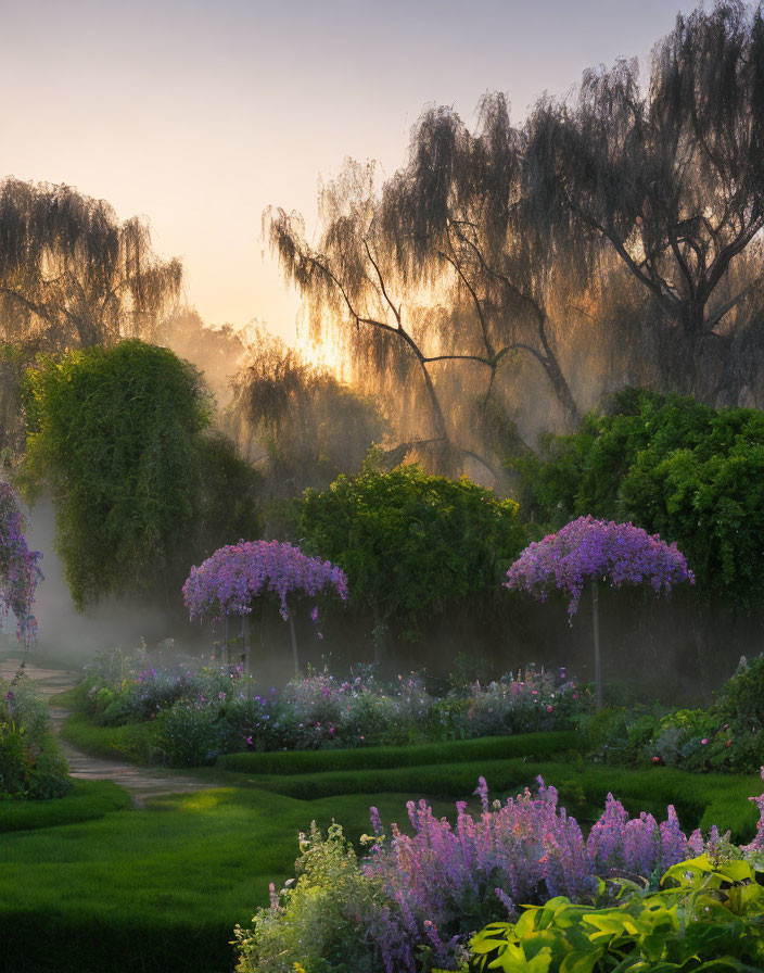Tranquil Sunrise Garden with Purple Flowers and Willow Trees