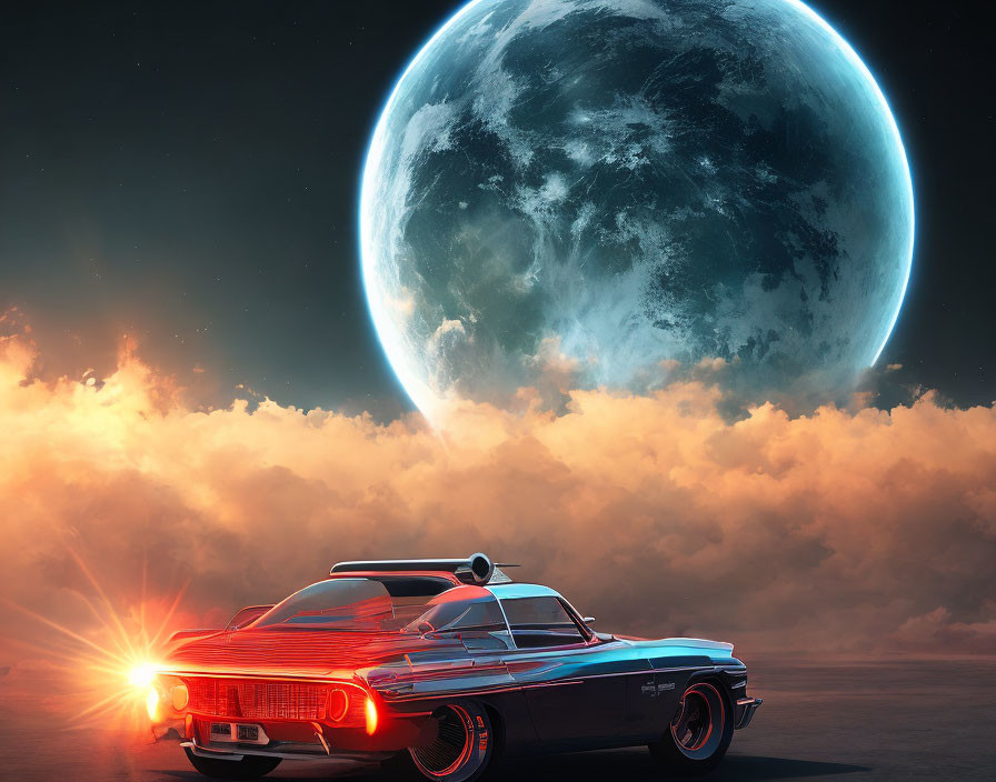 Vintage Car Parked Under Oversized Moon in Surreal Twilight Scene