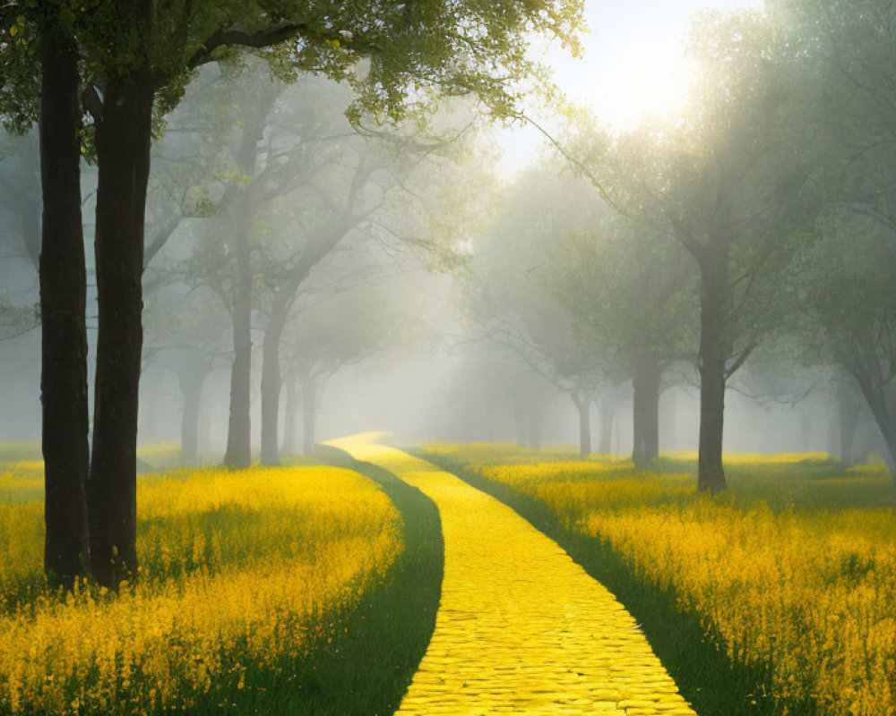 Scenic yellow brick road in misty forest with sunlight