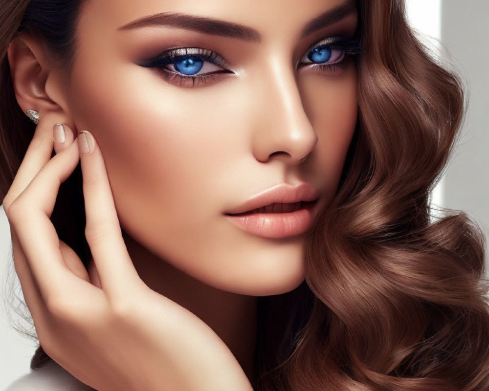 Portrait of a woman with blue eyes, flawless skin, and wavy brunette hair.