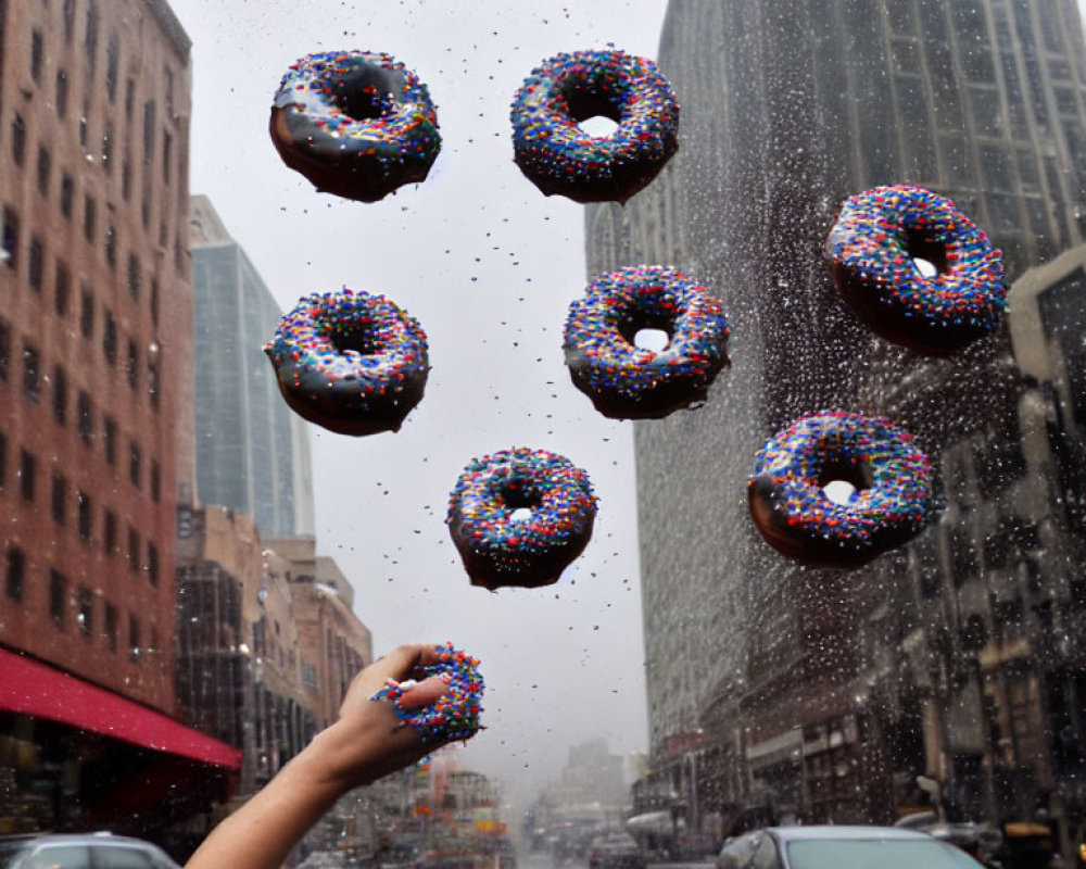 Arm catching a sprinkled donut on city street with rain and buildings