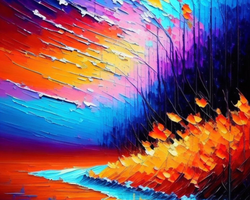 Colorful Abstract Painting with Blue, Orange, and Purple Streaks