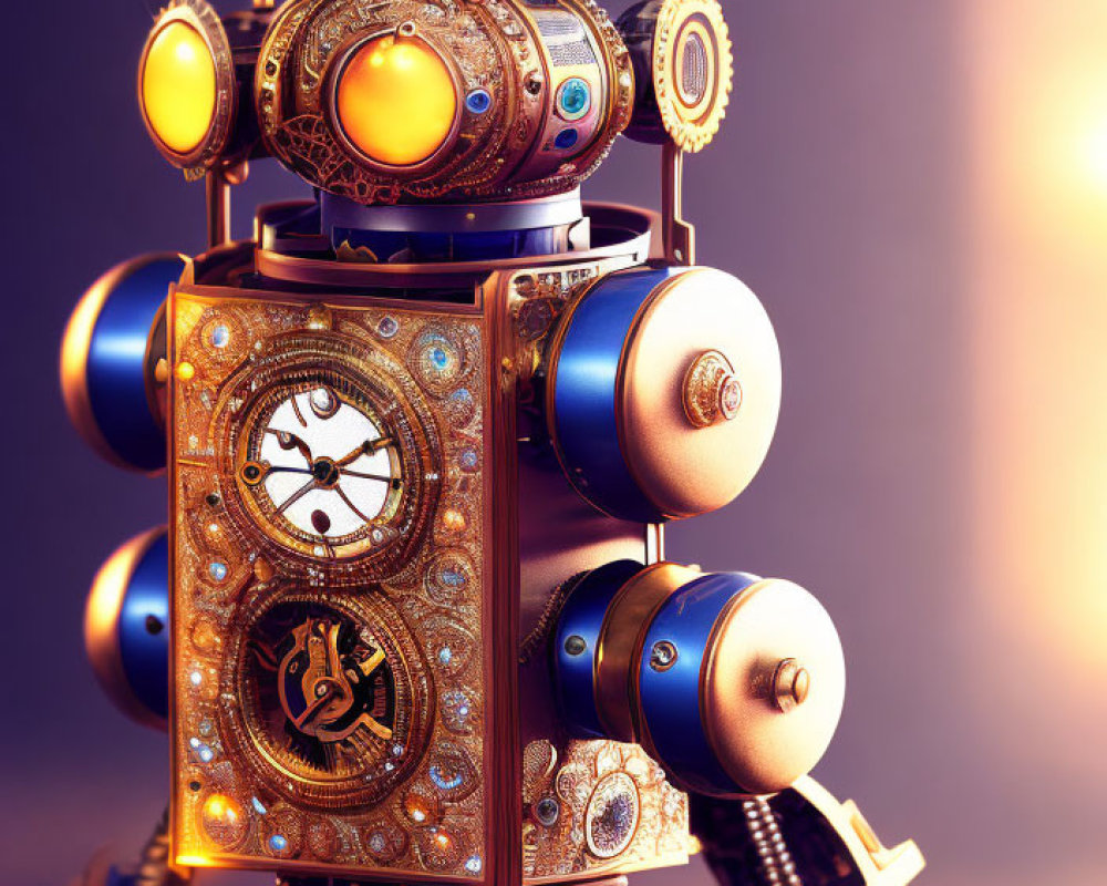 Steampunk-inspired robot with intricate gears and ornate metalwork