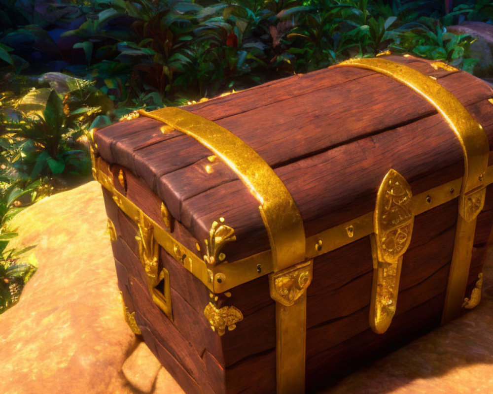 Wooden treasure chest with golden details in lush forest setting