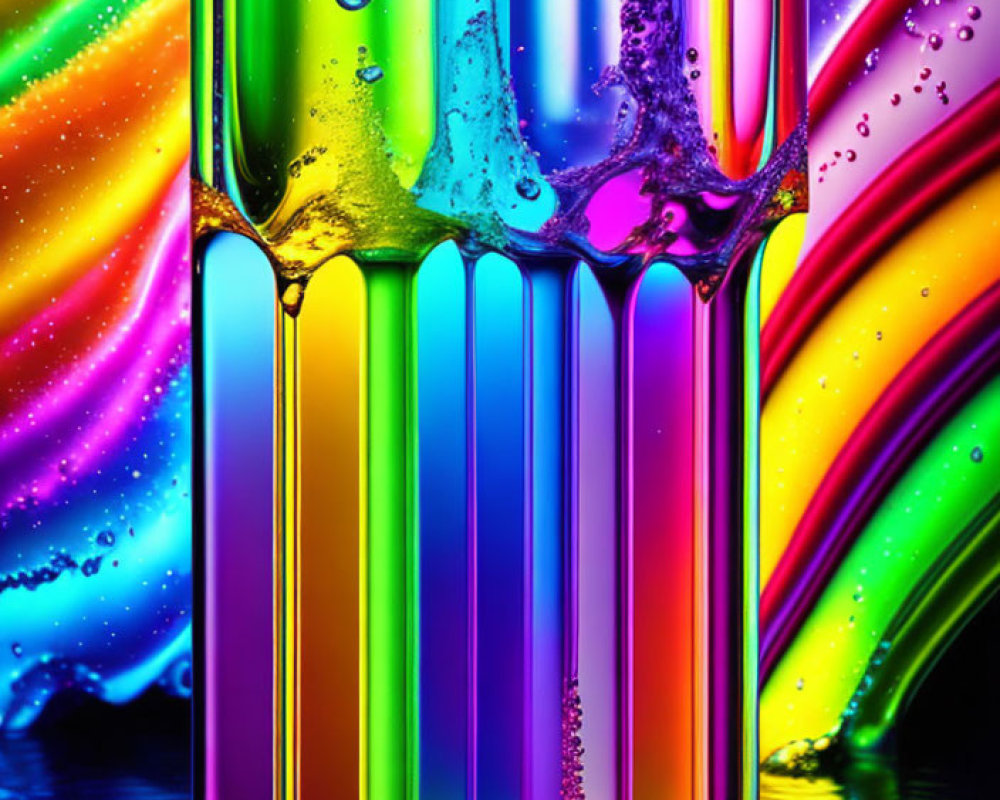 Colorful liquid columns with bubbles on rainbow gradient background