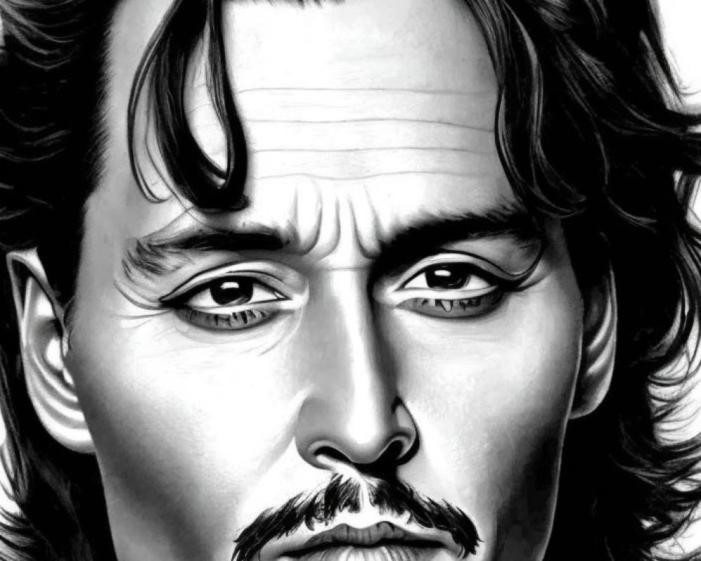 Monochrome illustration of man with tousled hair and intense gaze