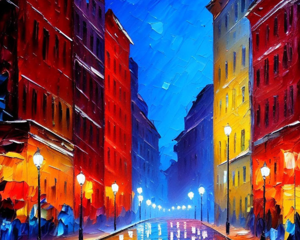 Impressionistic painting of rainy city street at night