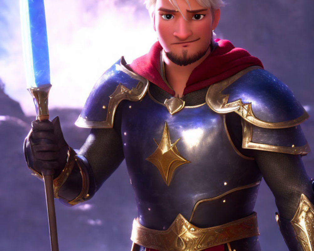 Animated character in blue and gold armor with glowing sword