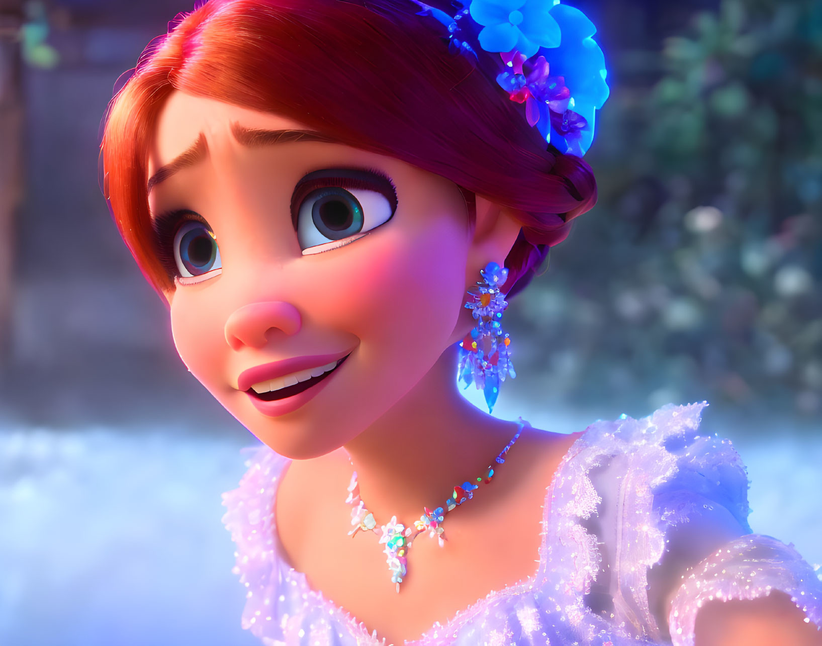 Smiling animated female character with red hair and blue flowers in white dress
