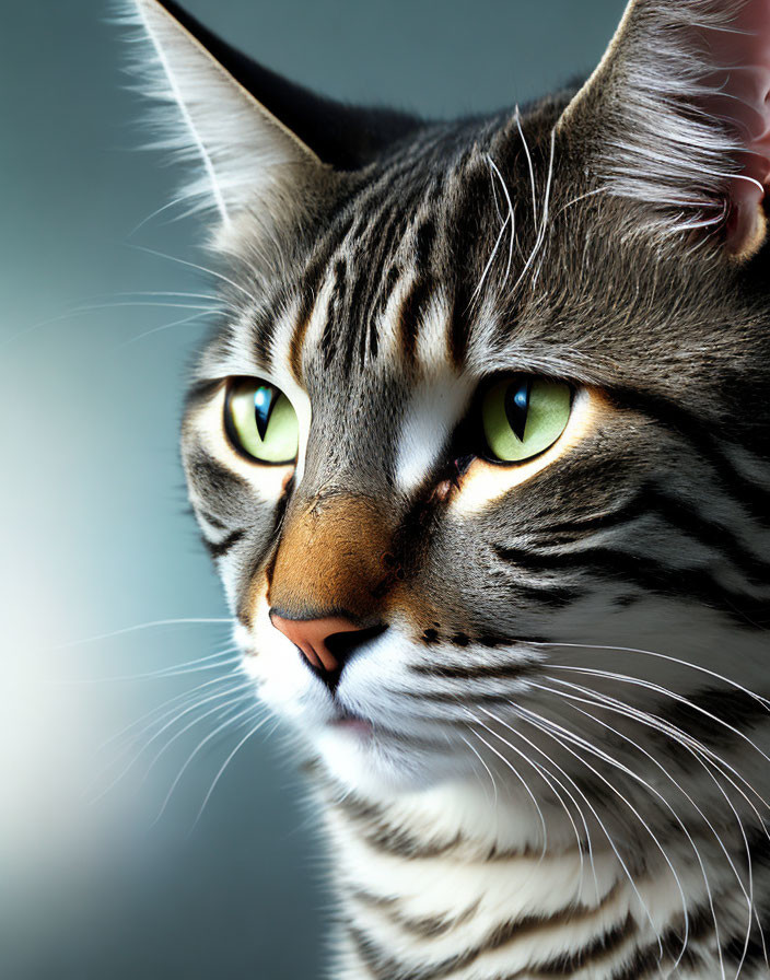 Tabby Cat Portrait with Green Eyes and Black Stripes on Blue Background