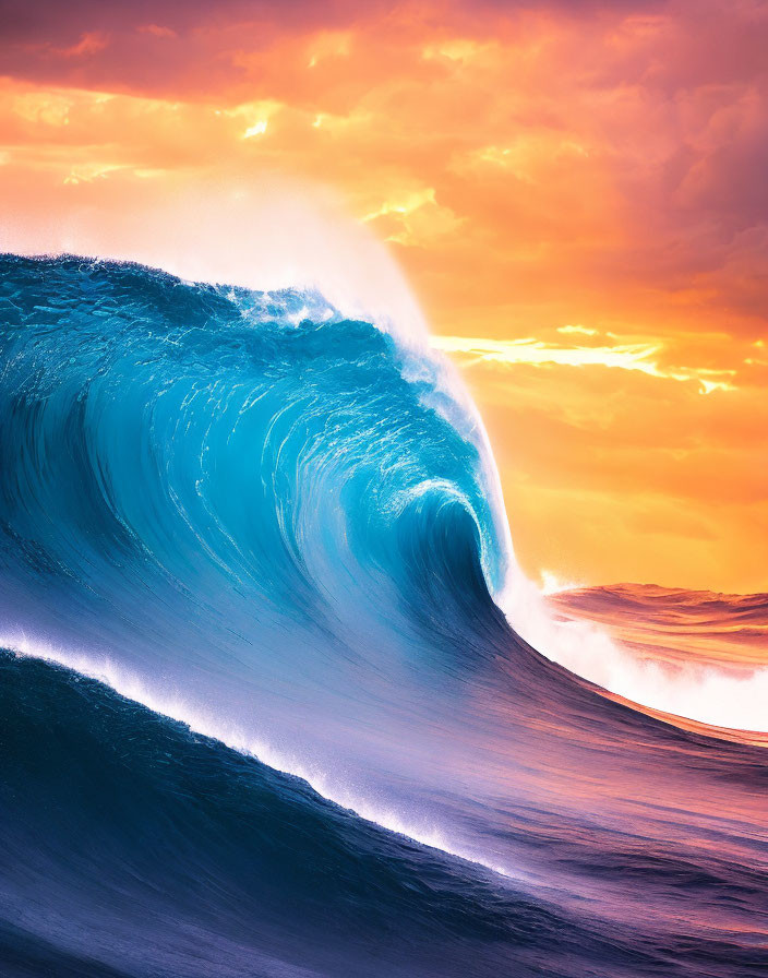 Majestic wave curling against vibrant sunset sky with hues of orange and blue