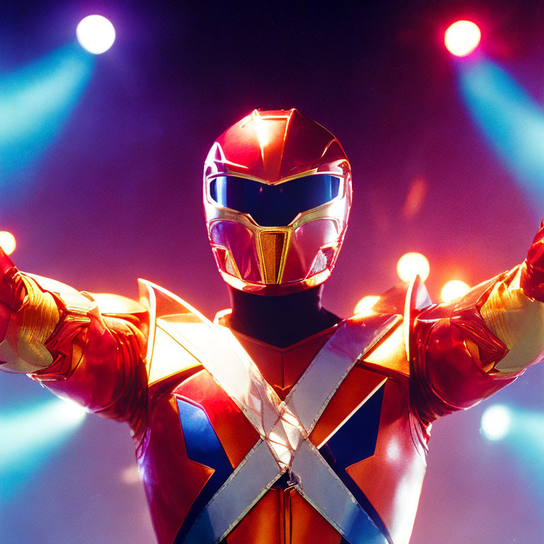 Vibrant Red and Gold Power Ranger Costume Pose Under Stage Lights