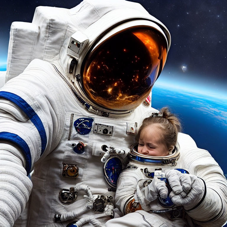 Astronaut embracing child in space suit with Earth backdrop