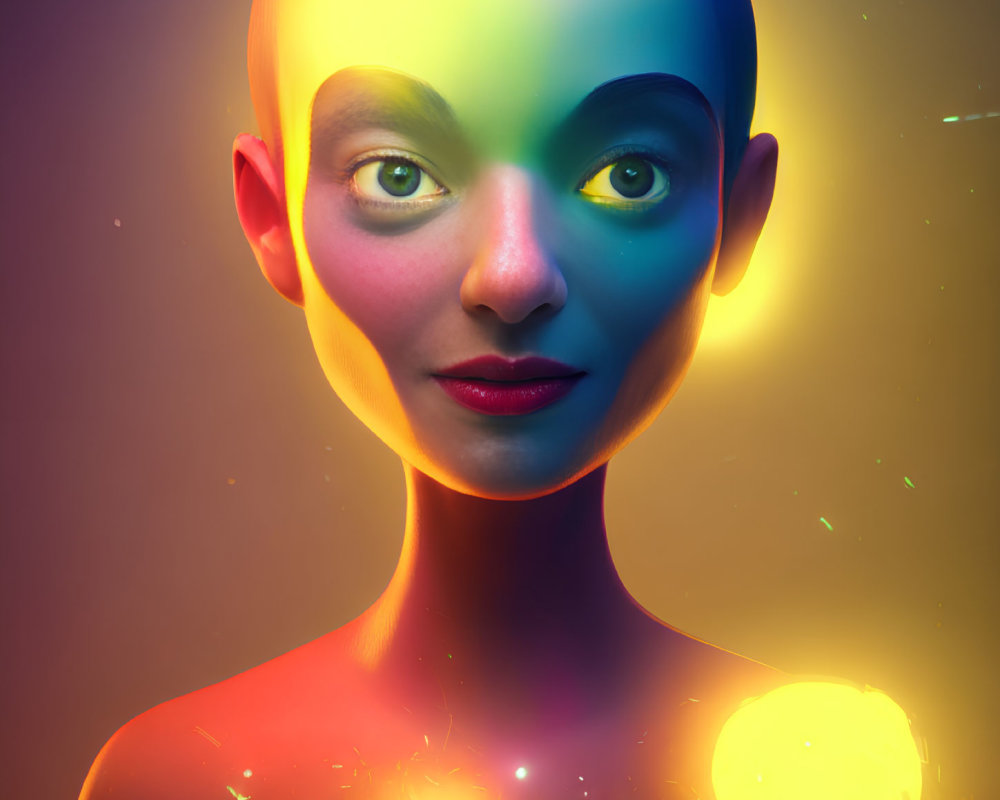 Vibrant 3D render: Bald humanoid with rainbow gradient face.