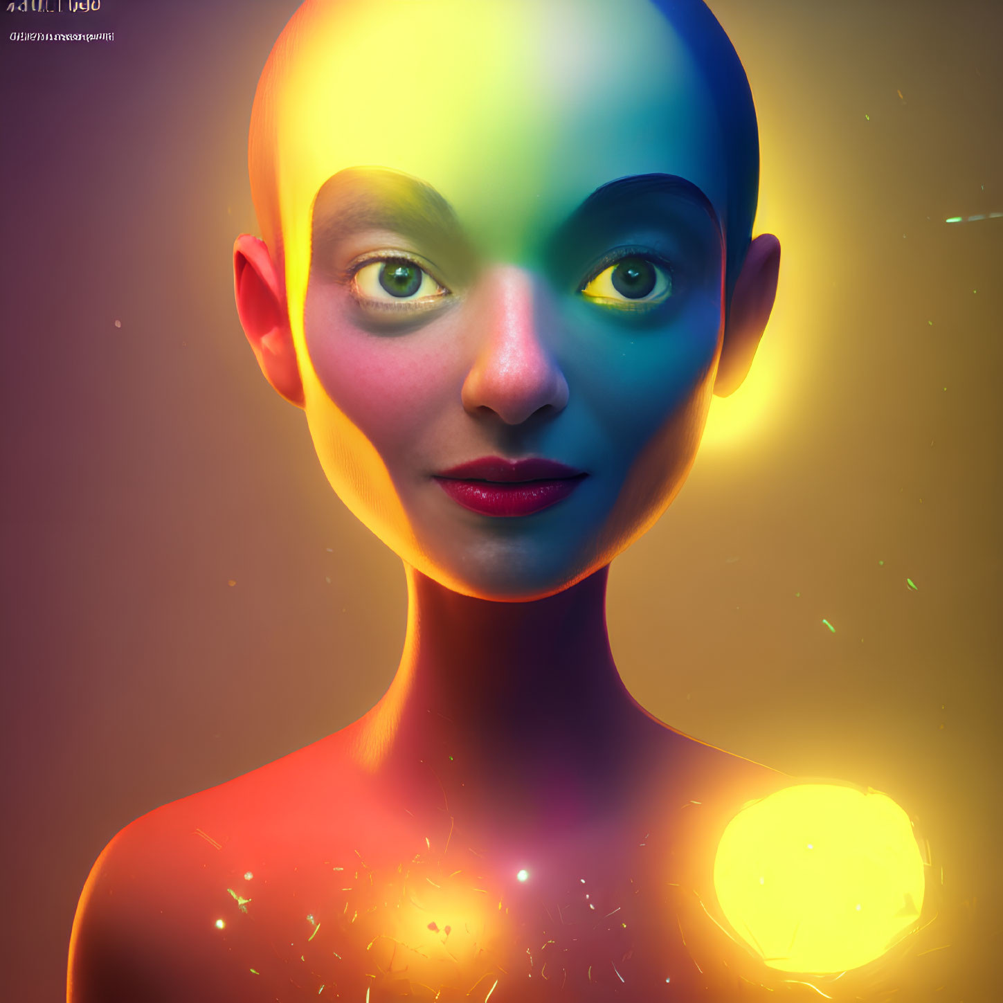 Vibrant 3D render: Bald humanoid with rainbow gradient face.