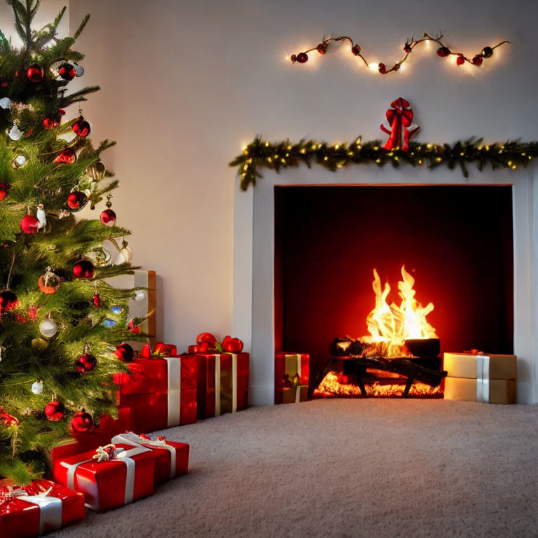 Festive Christmas scene with decorated tree, gifts, and roaring fireplace