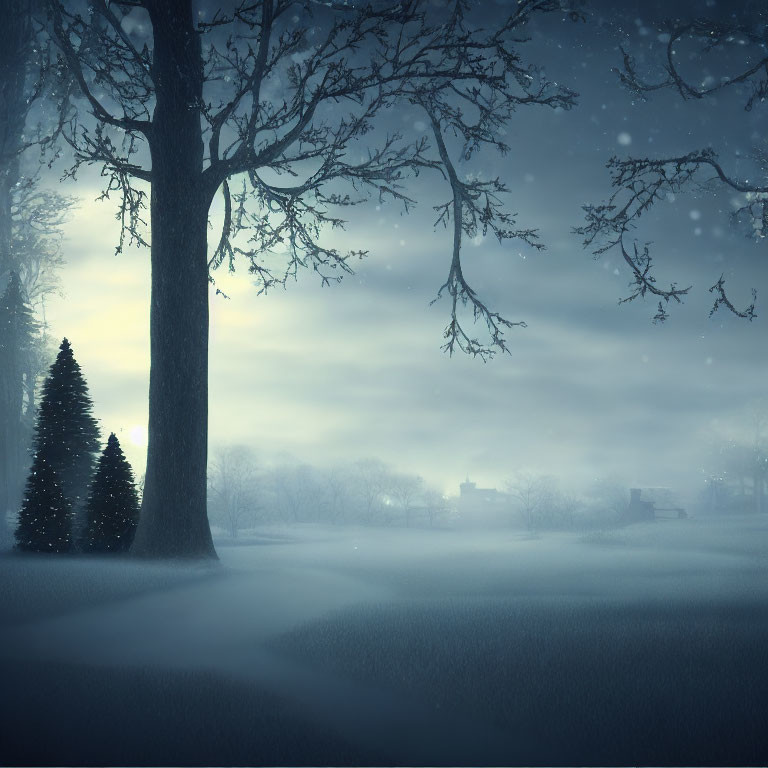 Snowy Twilight Landscape with Tree Silhouettes and Snowfall