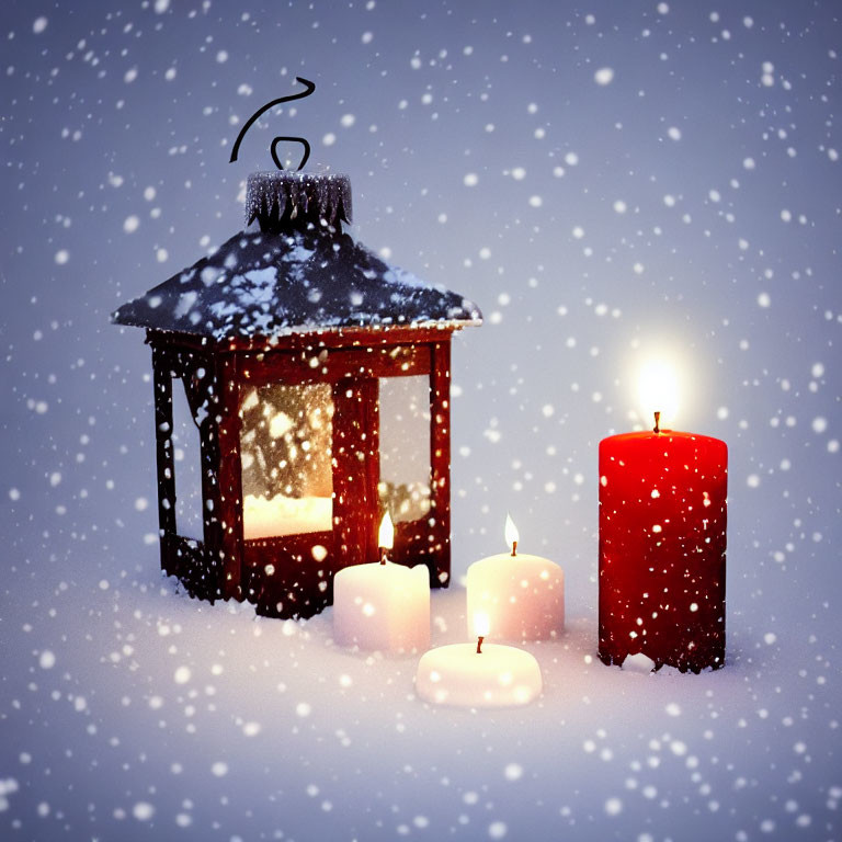 Red candle and lantern in snowfall with warm glow