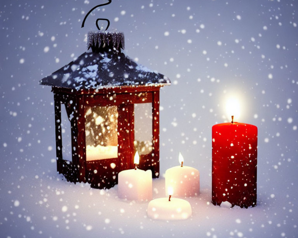 Red candle and lantern in snowfall with warm glow