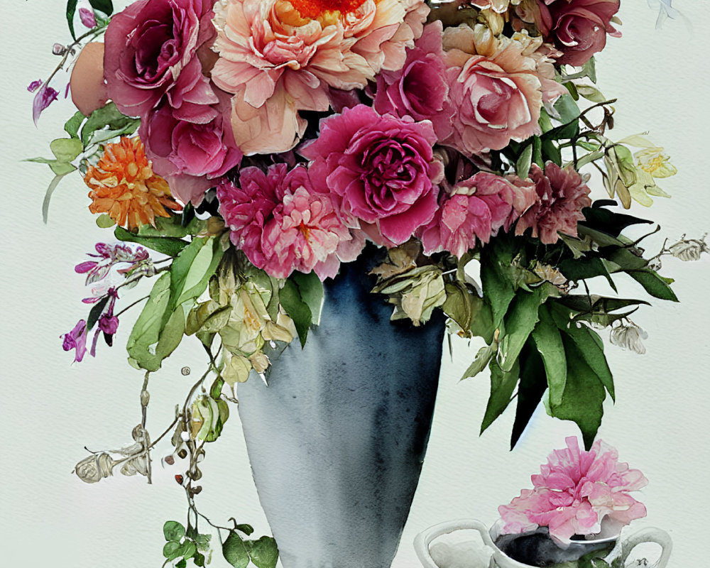 Colorful watercolor painting of flowers in blue vase with teacup