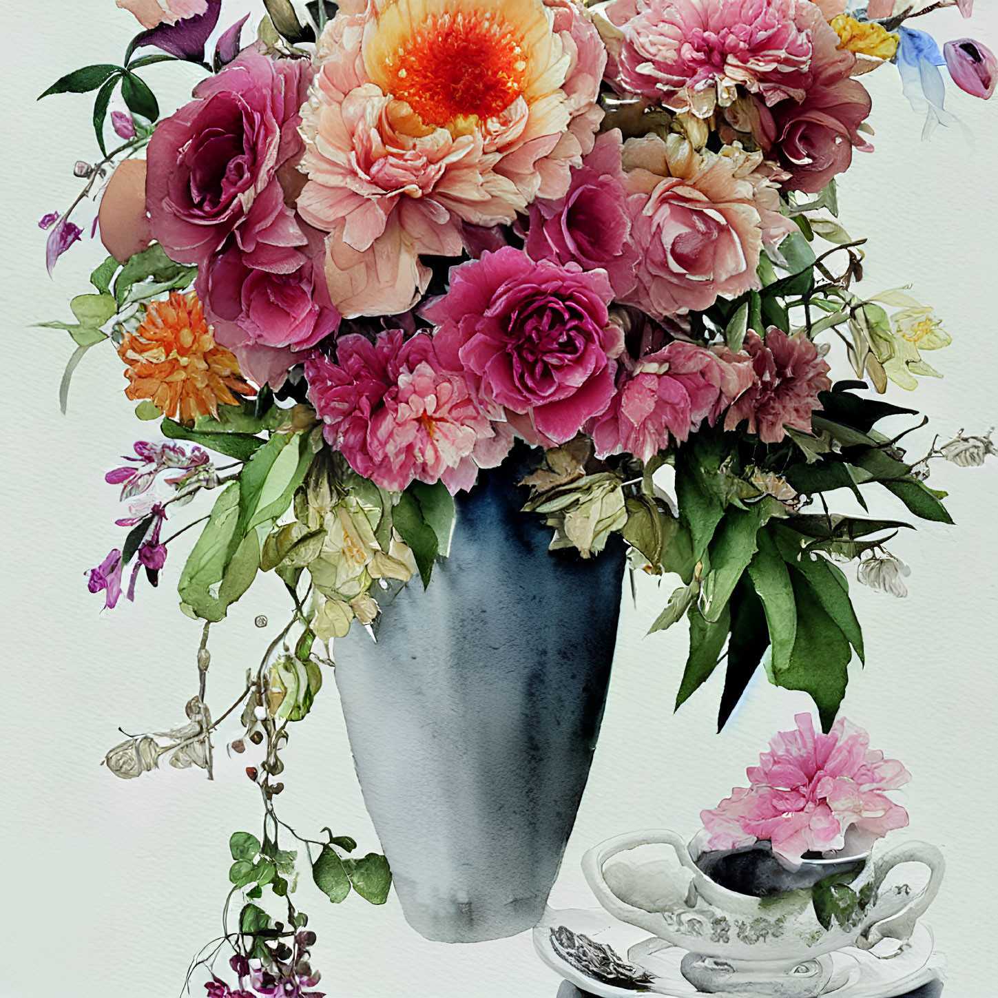 Colorful watercolor painting of flowers in blue vase with teacup