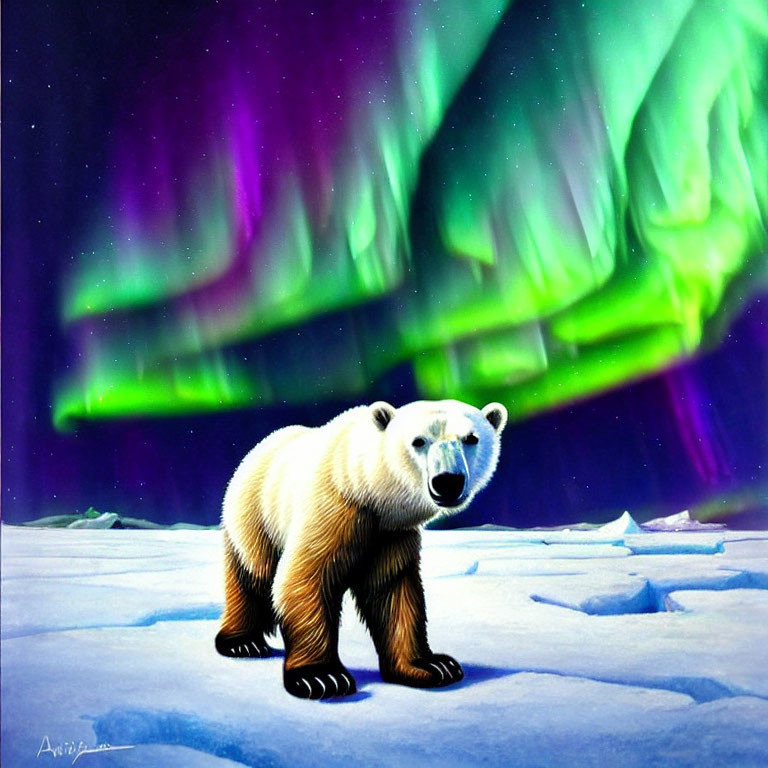 Polar bear on icy terrain under aurora borealis