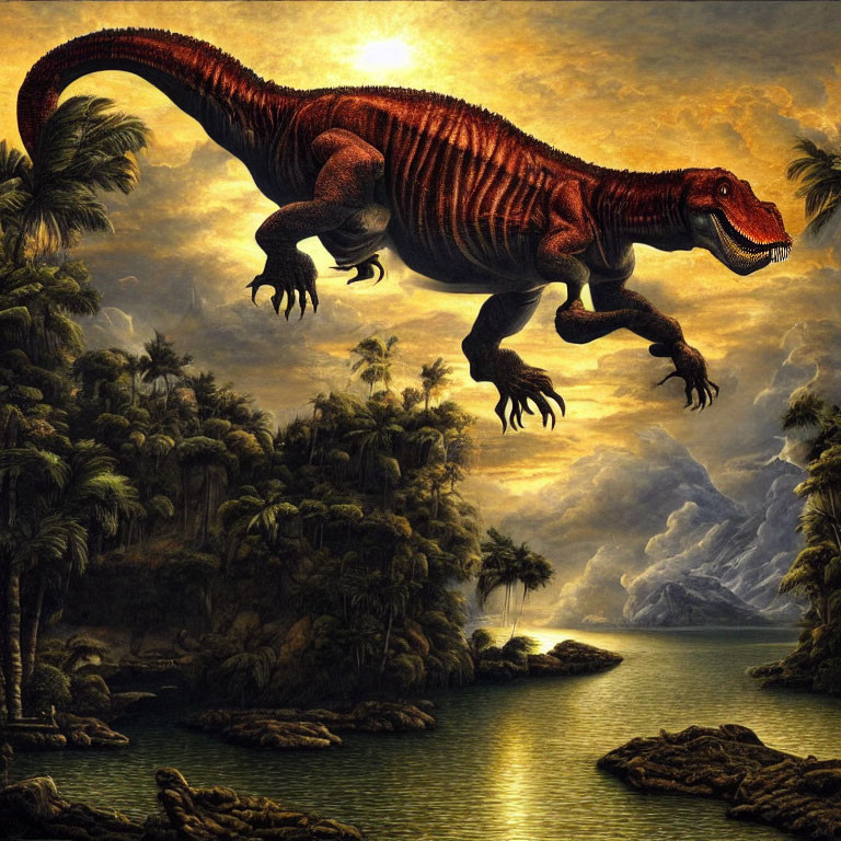 Detailed Red Tyrannosaurus Rex in Prehistoric Jungle with Palm Trees