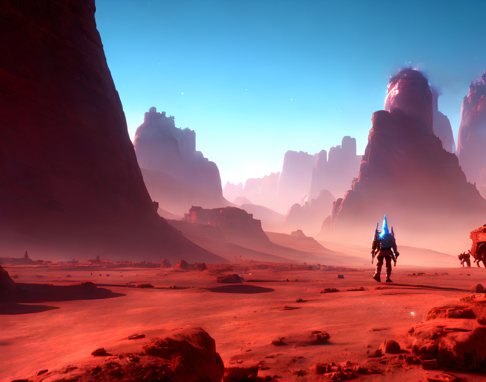 Futuristic figure in red desert with rock formations - alien exploration theme
