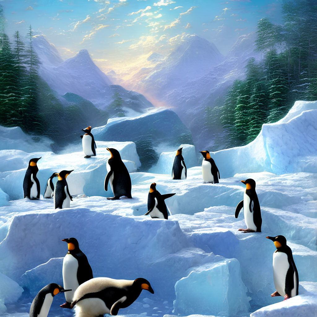 Penguins in snowy landscape with ice formations and mountain peaks