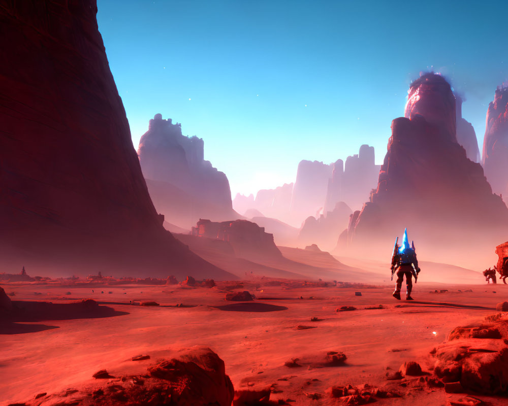 Futuristic figure in red desert with rock formations - alien exploration theme