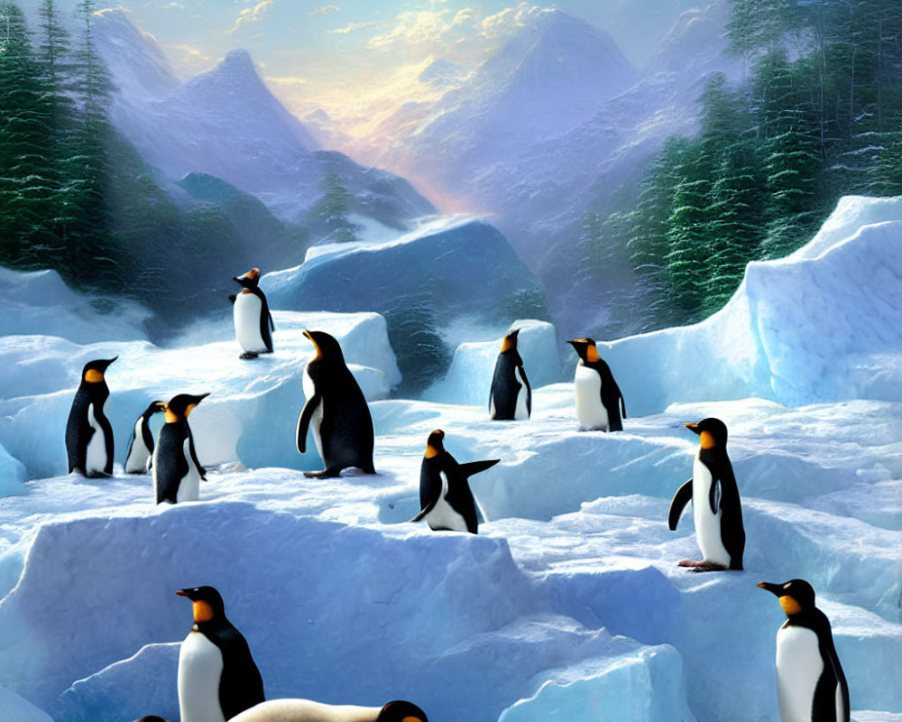 Penguins in snowy landscape with ice formations and mountain peaks