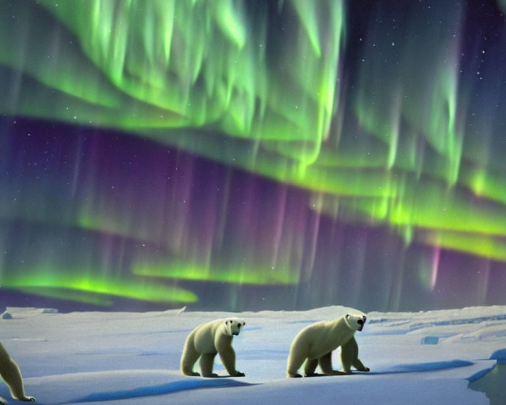Polar bears under vibrant aurora borealis in snowy Arctic twilight