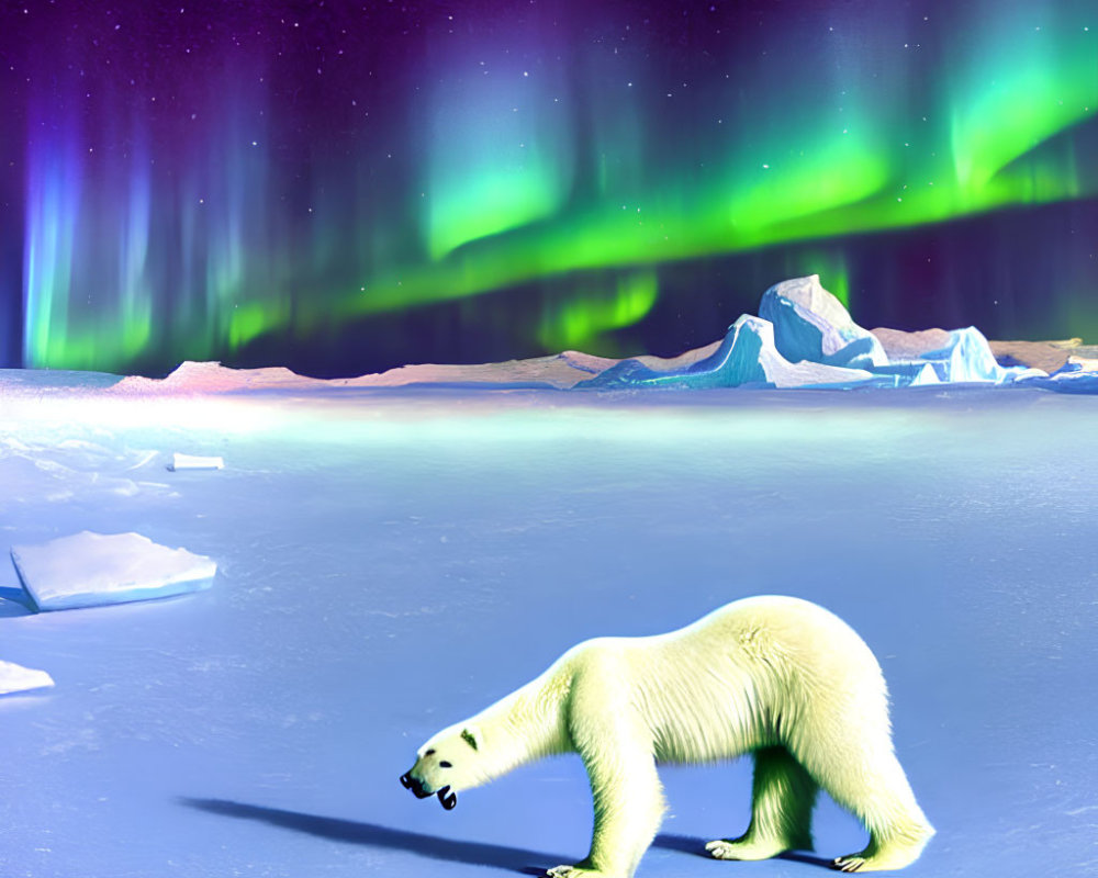 Polar bear walking on ice under aurora borealis in polar landscape
