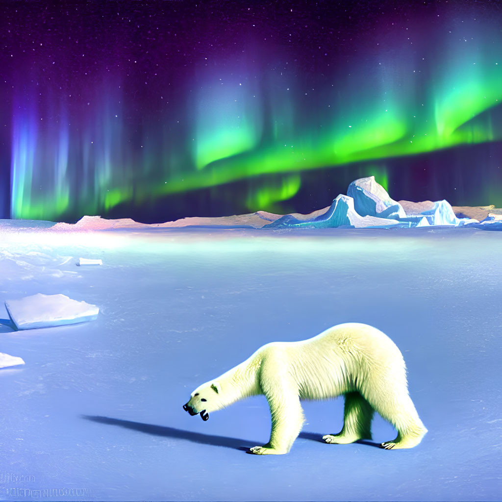 Polar bear walking on ice under aurora borealis in polar landscape