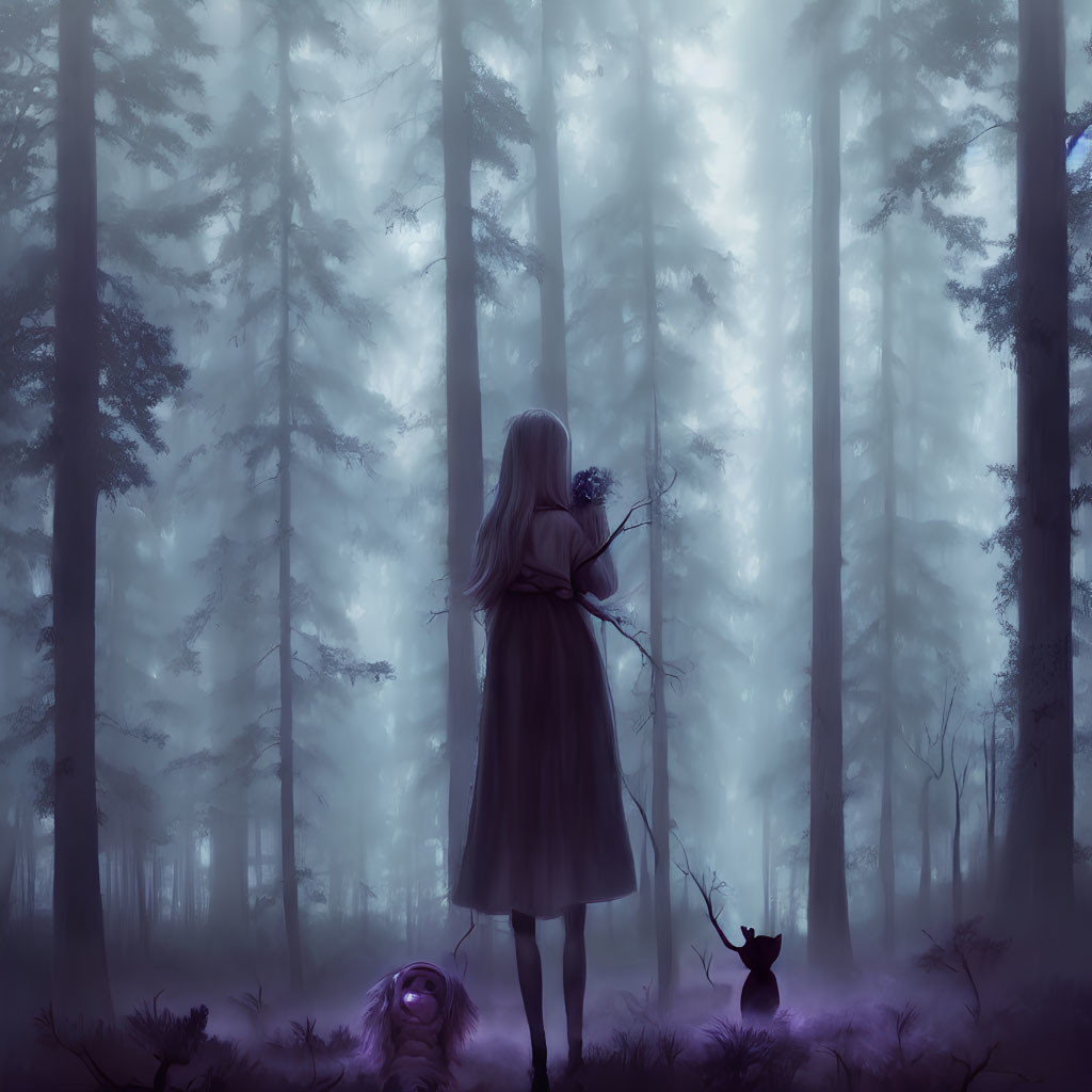 Woman in dress with staff in misty forest with small creature