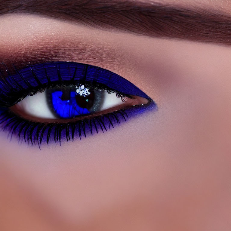 Detailed Close-Up of Vibrant Blue Eyeshadow and Eyeliner Makeup Artistry